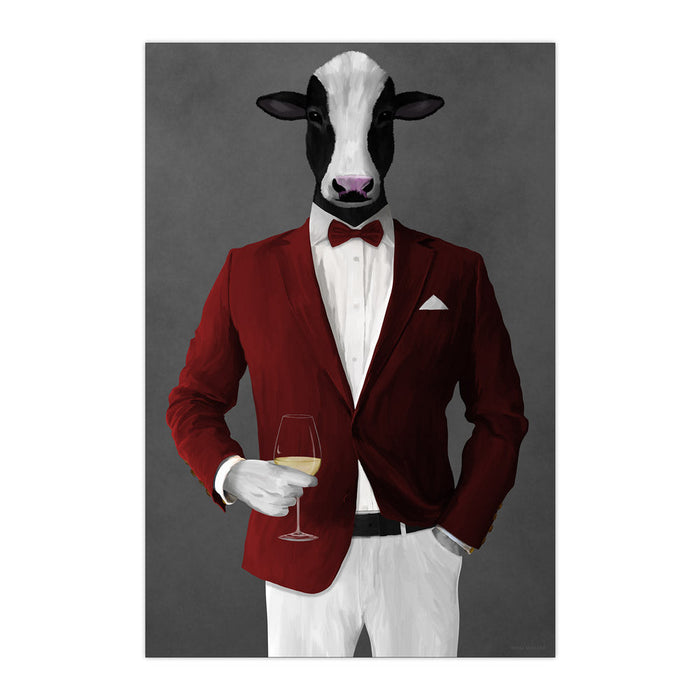 Cow Drinking White Wine Wall Art - Red and White Suit
