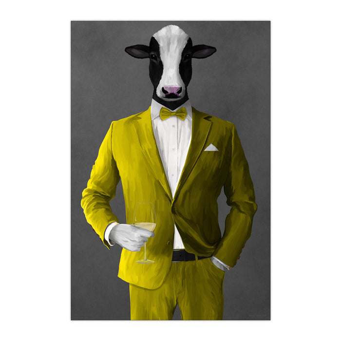 Cow Drinking White Wine Wall Art - Yellow Suit