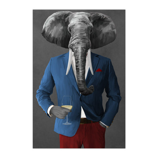 Elephant Drinking White Wine Wall Art - Blue and Red Suit