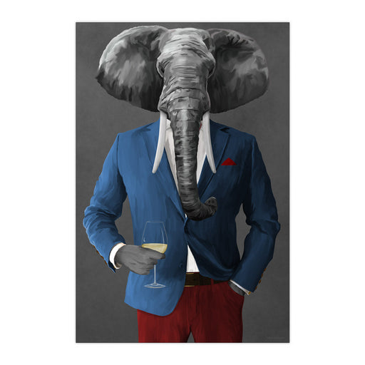 Elephant Drinking White Wine Wall Art - Blue and Red Suit