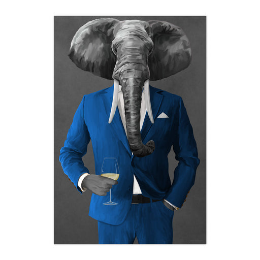 Elephant Drinking White Wine Wall Art - Blue Suit