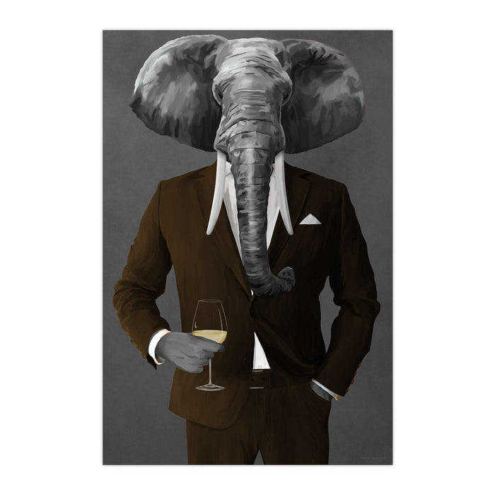 Elephant Drinking White Wine Wall Art - Brown Suit