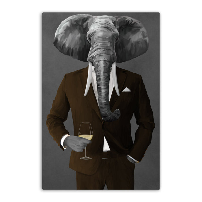 Elephant Drinking White Wine Wall Art - Brown Suit