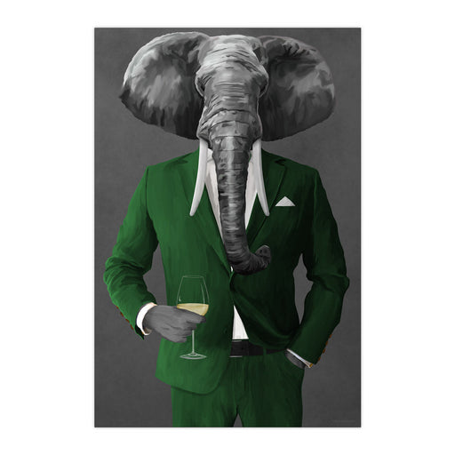Elephant Drinking White Wine Wall Art - Green Suit