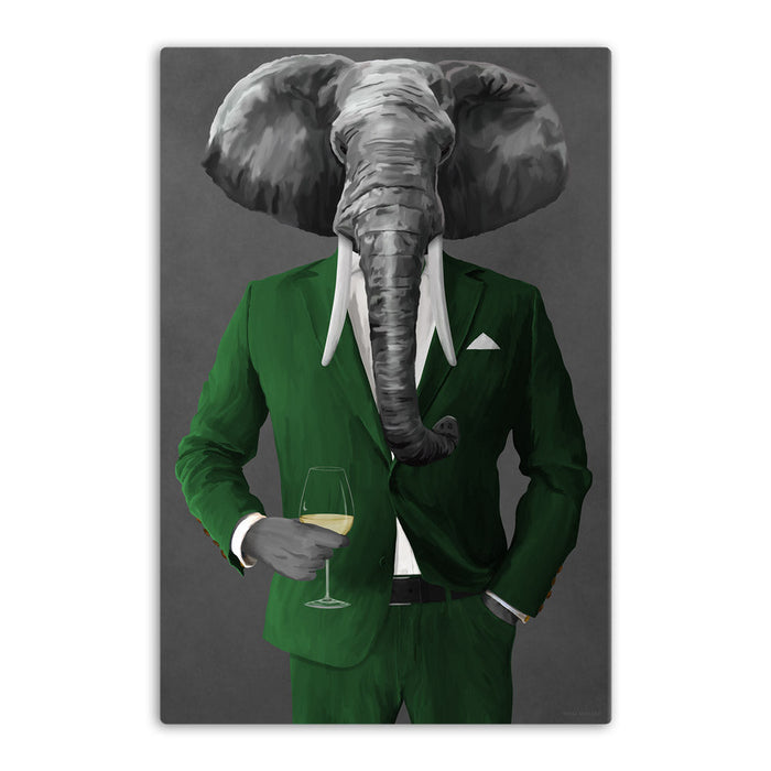 Elephant Drinking White Wine Wall Art - Green Suit