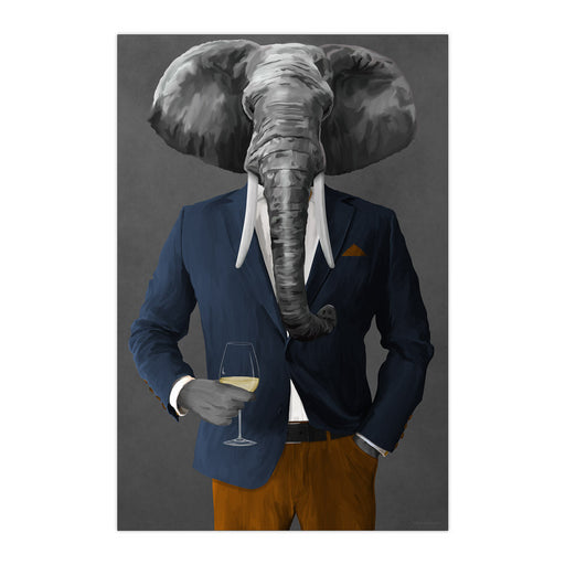 Elephant Drinking White Wine Wall Art - Navy and Orange Suit