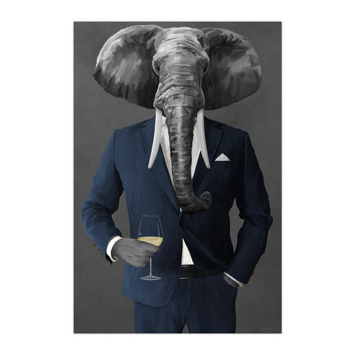 Elephant Drinking White Wine Wall Art - Navy Suit