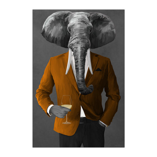 Elephant Drinking White Wine Wall Art - Orange and Black Suit