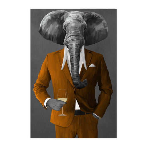 Elephant Drinking White Wine Wall Art - Orange Suit