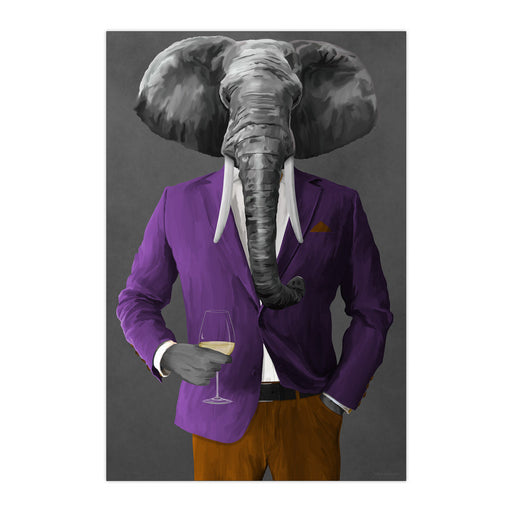 Elephant Drinking White Wine Wall Art - Purple and Orange Suit