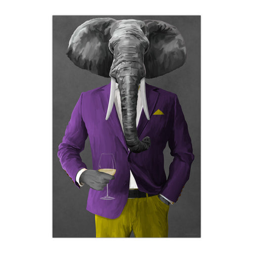 Elephant Drinking White Wine Wall Art - Purple and Yellow Suit