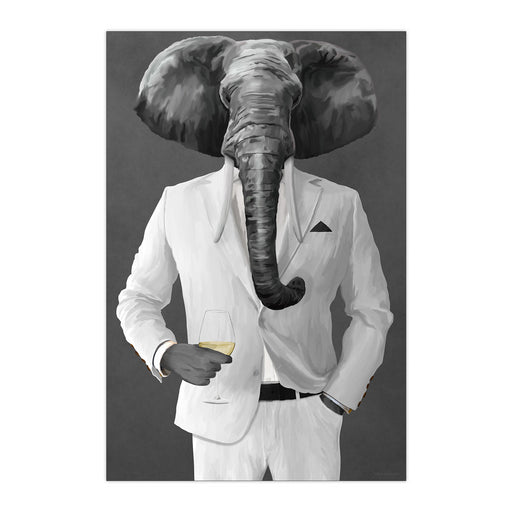 Elephant Drinking White Wine Wall Art - White Suit