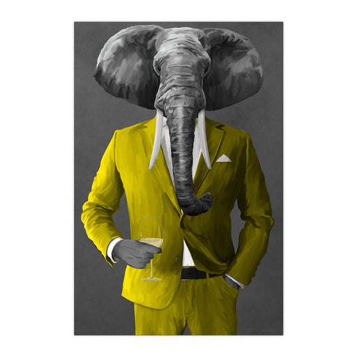 Elephant Drinking White Wine Wall Art - Yellow Suit