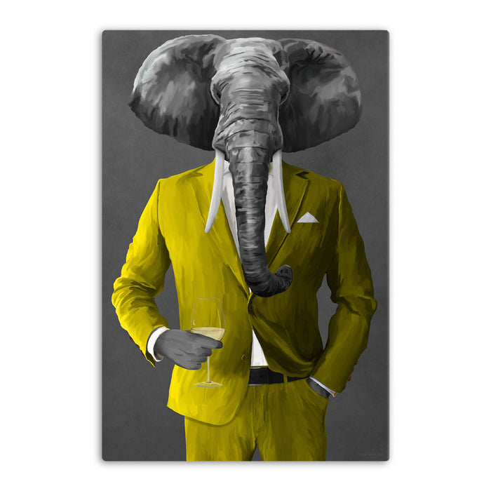 Elephant Drinking White Wine Wall Art - Yellow Suit