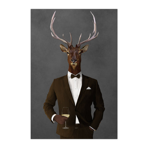 Elk Drinking White Wine Wall Art - Brown Suit
