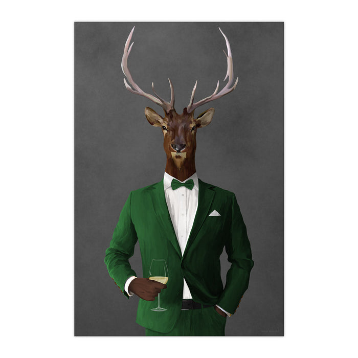 Elk Drinking White Wine Wall Art - Green Suit