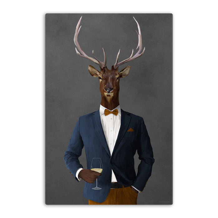 Elk Drinking White Wine Wall Art - Navy and Orange Suit