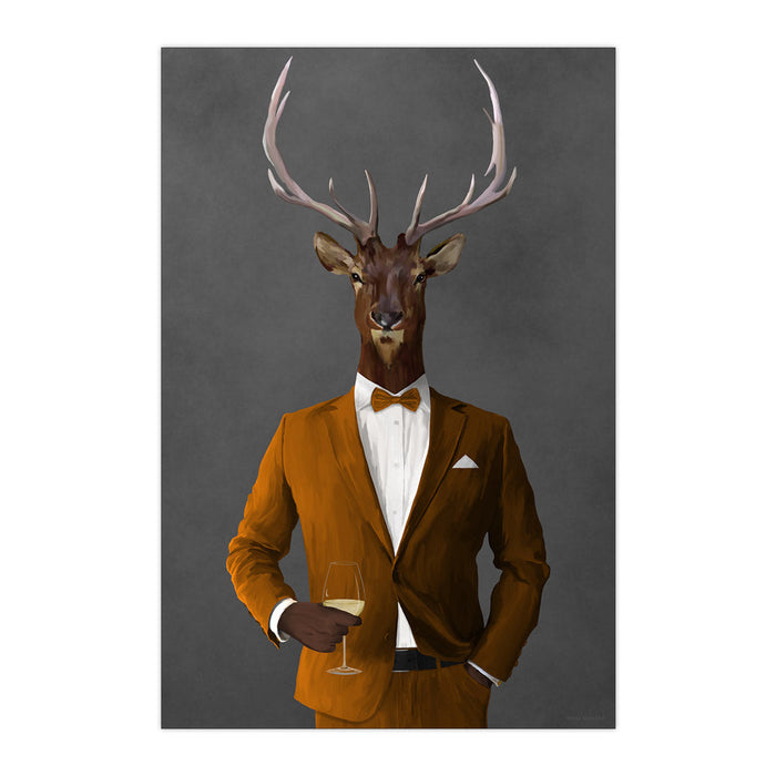 Elk Drinking White Wine Wall Art - Orange Suit