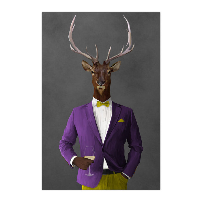 Elk Drinking White Wine Wall Art - Purple and Yellow Suit