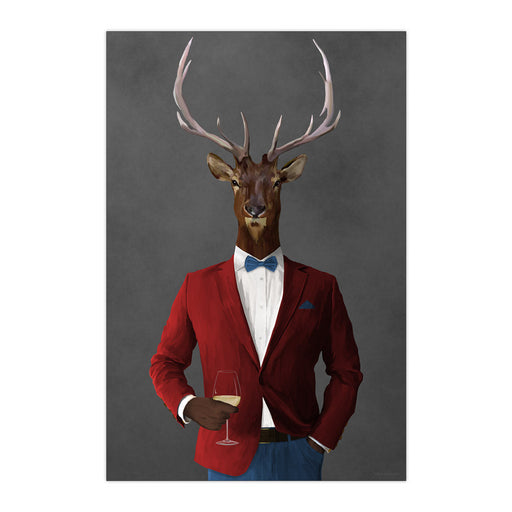 Elk Drinking White Wine Wall Art - Red and Blue Suit