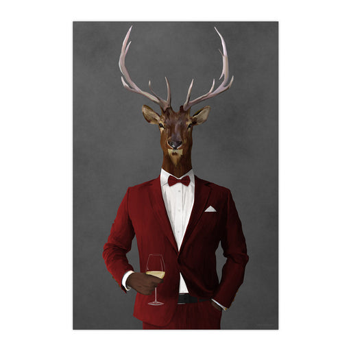 Elk Drinking White Wine Wall Art - Red Suit