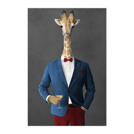Giraffe Drinking White Wine Wall Art - Blue and Red Suit