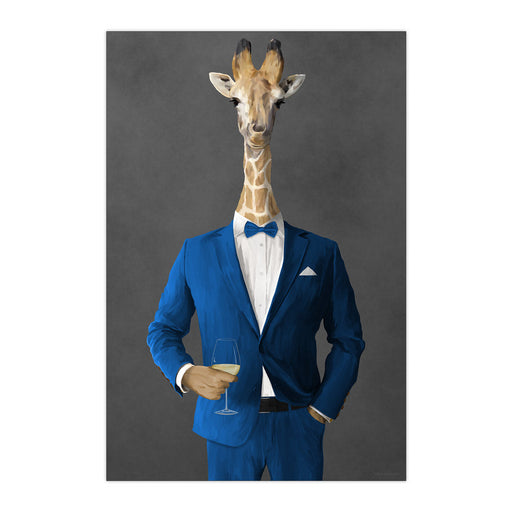 Giraffe Drinking White Wine Wall Art - Blue Suit