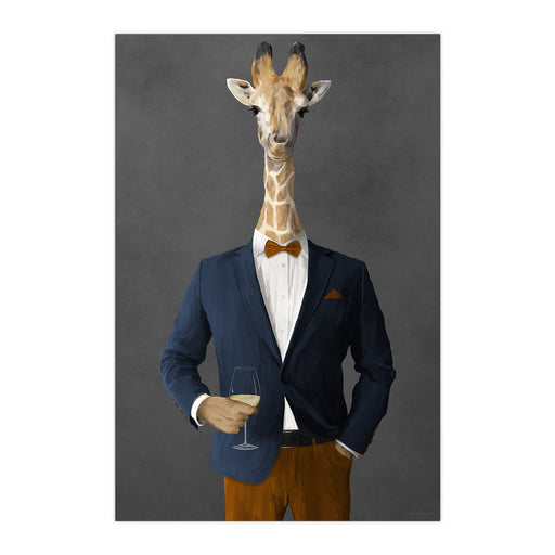 Giraffe Drinking White Wine Wall Art - Navy and Orange Suit