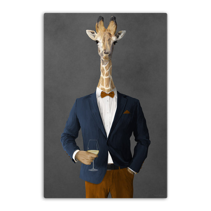 Giraffe Drinking White Wine Wall Art - Navy and Orange Suit