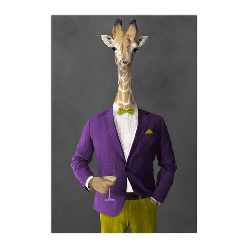 Giraffe Drinking White Wine Wall Art - Purple and Yellow Suit