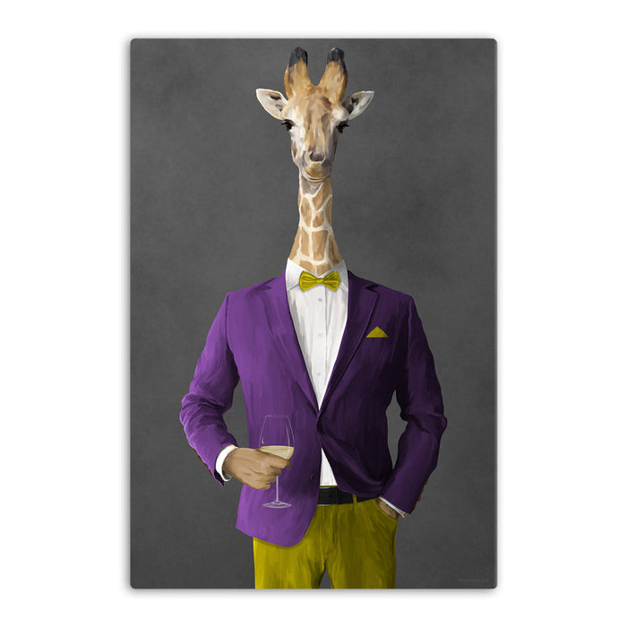 Giraffe Drinking White Wine Wall Art - Purple and Yellow Suit