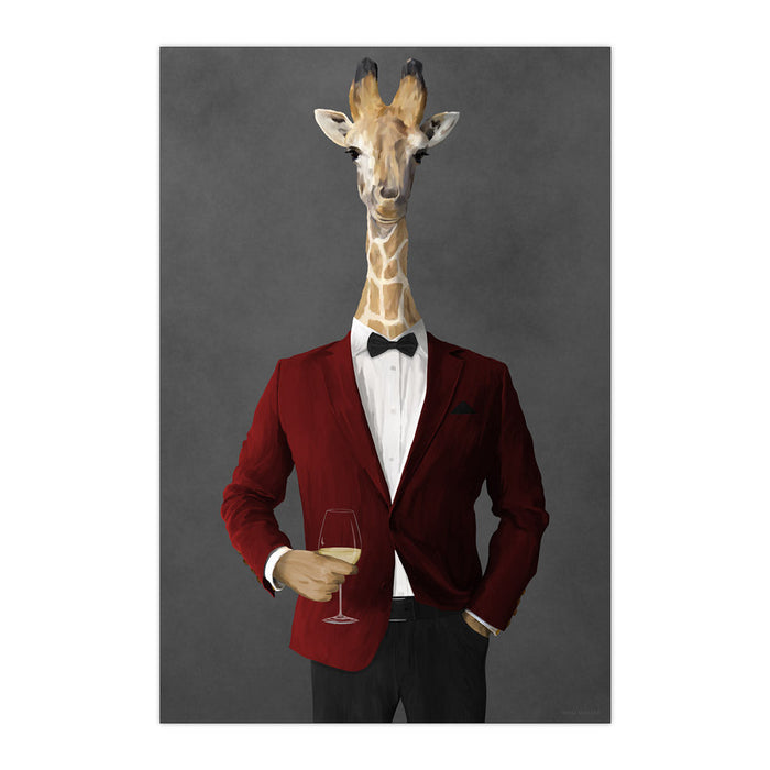 Giraffe Drinking White Wine Wall Art - Red and Black Suit