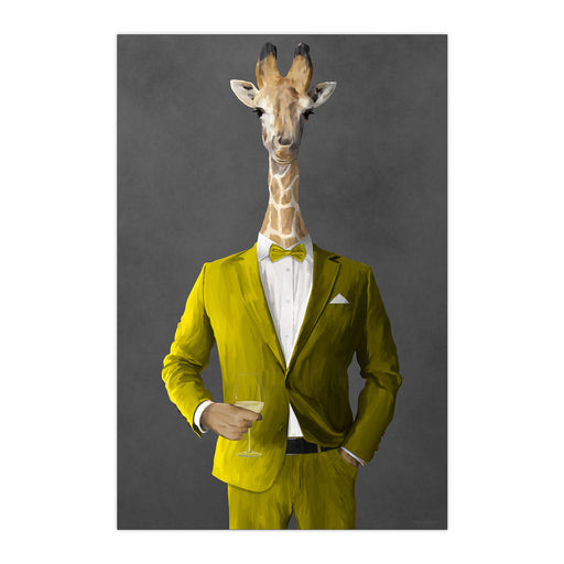 Giraffe Drinking White Wine Wall Art - Yellow Suit