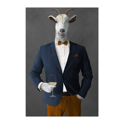Goat Drinking White Wine Wall Art - Navy and Orange Suit