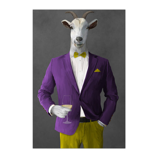 Goat Drinking White Wine Wall Art - Purple and Yellow Suit