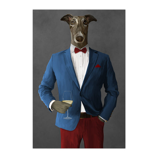 Greyhound Drinking White Wine Wall Art - Blue and Red Suit