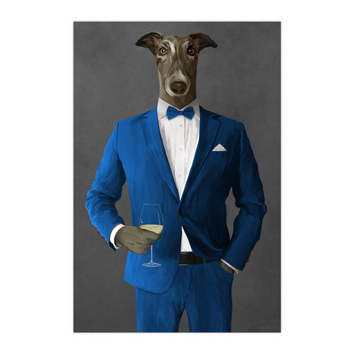 Greyhound Drinking White Wine Wall Art - Blue Suit