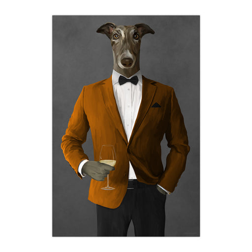 Greyhound Drinking White Wine Wall Art - Orange and Black Suit