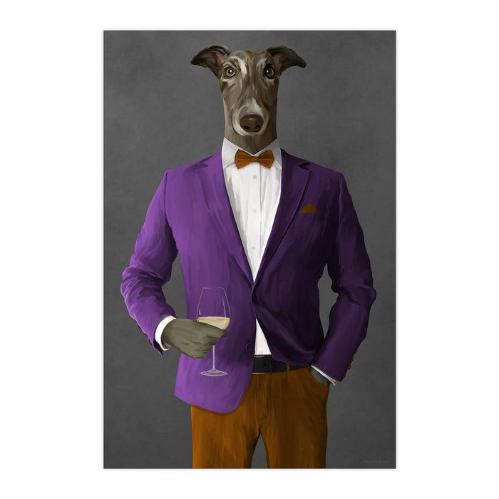 Greyhound Drinking White Wine Wall Art - Purple and Orange Suit