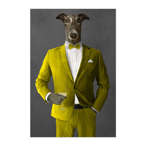 Greyhound Drinking White Wine Wall Art - Yellow Suit