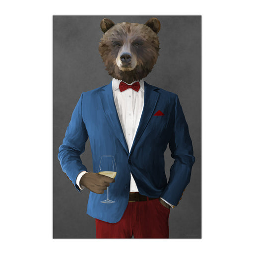 Grizzly Bear Drinking White Wine Wall Art - Blue and Red Suit