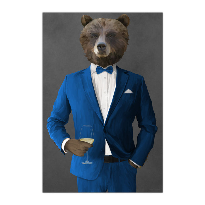 Grizzly Bear Drinking White Wine Wall Art - Blue Suit