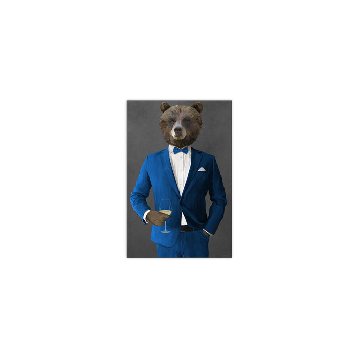 Grizzly Bear Drinking White Wine Wall Art - Blue Suit