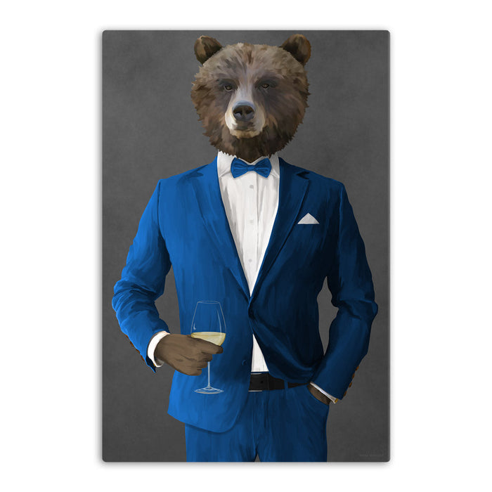 Grizzly Bear Drinking White Wine Wall Art - Blue Suit