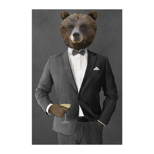 Grizzly Bear Drinking White Wine Wall Art - Gray Suit