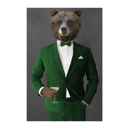 Grizzly Bear Drinking White Wine Wall Art - Green Suit