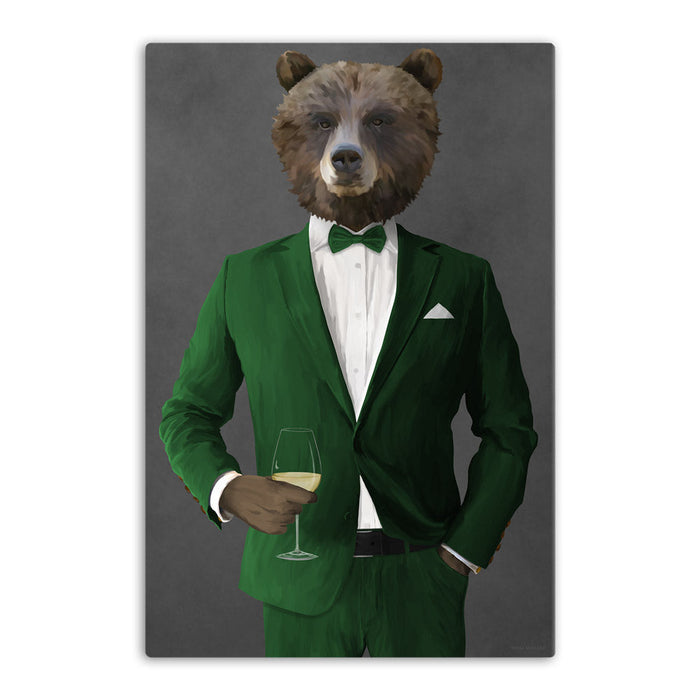Grizzly Bear Drinking White Wine Wall Art - Green Suit