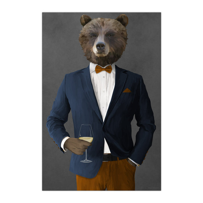 Grizzly Bear Drinking White Wine Wall Art - Navy and Orange Suit