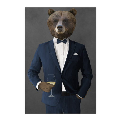 Grizzly Bear Drinking White Wine Wall Art - Navy Suit