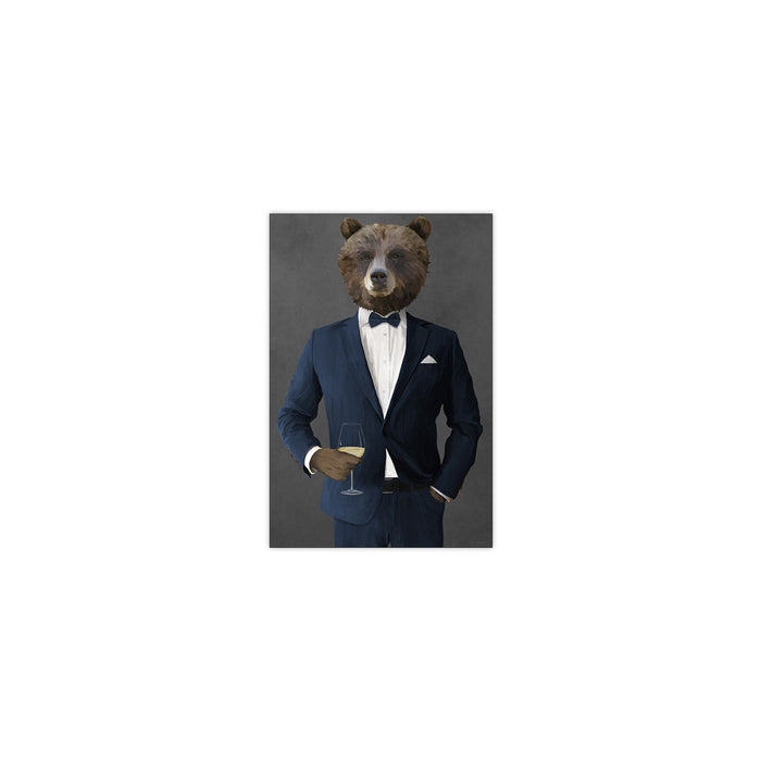 Grizzly Bear Drinking White Wine Wall Art - Navy Suit